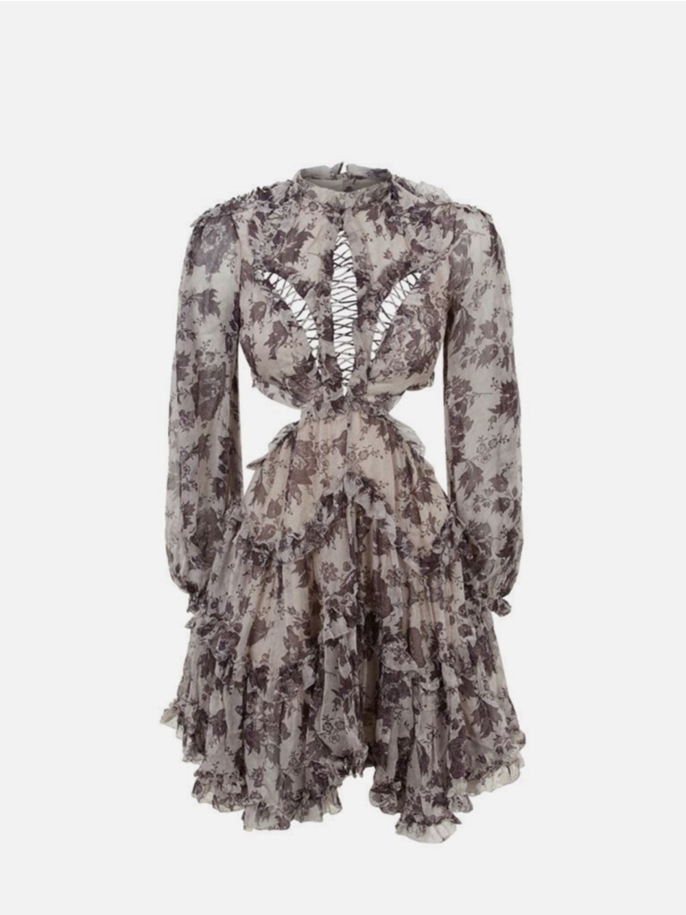 Zimmermann Cream and Brown Floral Ruffle Mini Dress Sz M